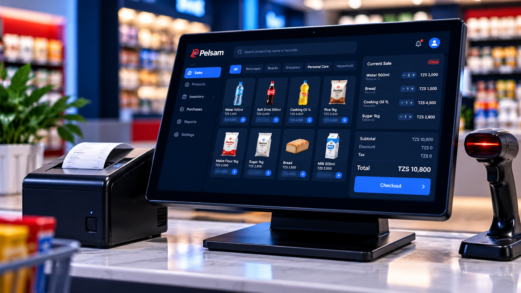 Pelsam retail POS with scanner and touchscreen checkout